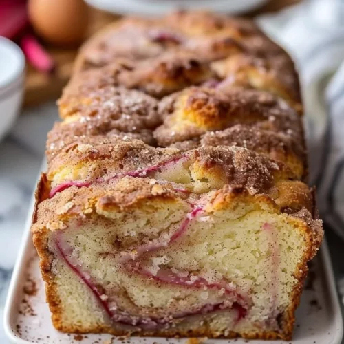 Loaf of homemade cinnamon swirl rhubarb bread fresh out of the oven