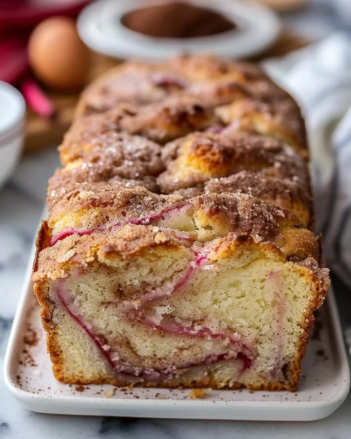 Loaf of homemade cinnamon swirl rhubarb bread fresh out of the oven