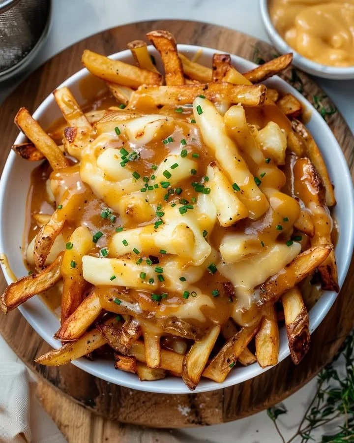 Delicious classic Canadian poutine with fries, cheese curds, and gravy