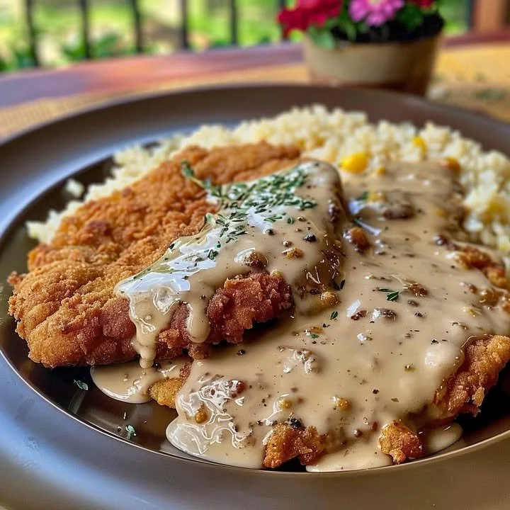 A plate of classic chicken fried steak with creamy gravy and sides
