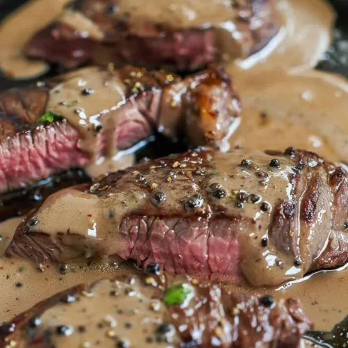 Sliced classic peppercorn steak served with creamy sauce and vegetables.