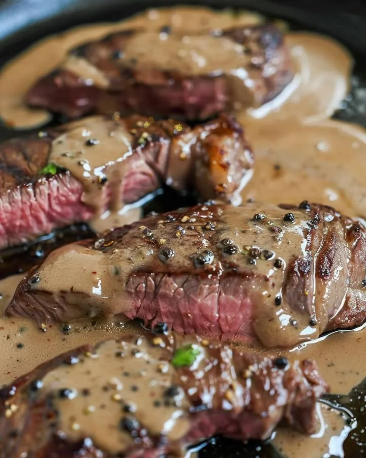 Sliced classic peppercorn steak served with creamy sauce and vegetables.