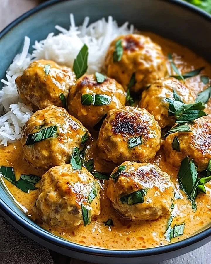 Plate of Coconut Chicken Meatballs garnished with herbs and served with sauce