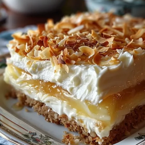 Delicious Coconut Cream Layered Dessert served in a glass with coconut flakes