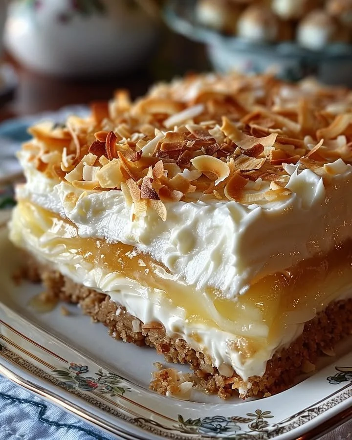 Delicious Coconut Cream Layered Dessert served in a glass with coconut flakes
