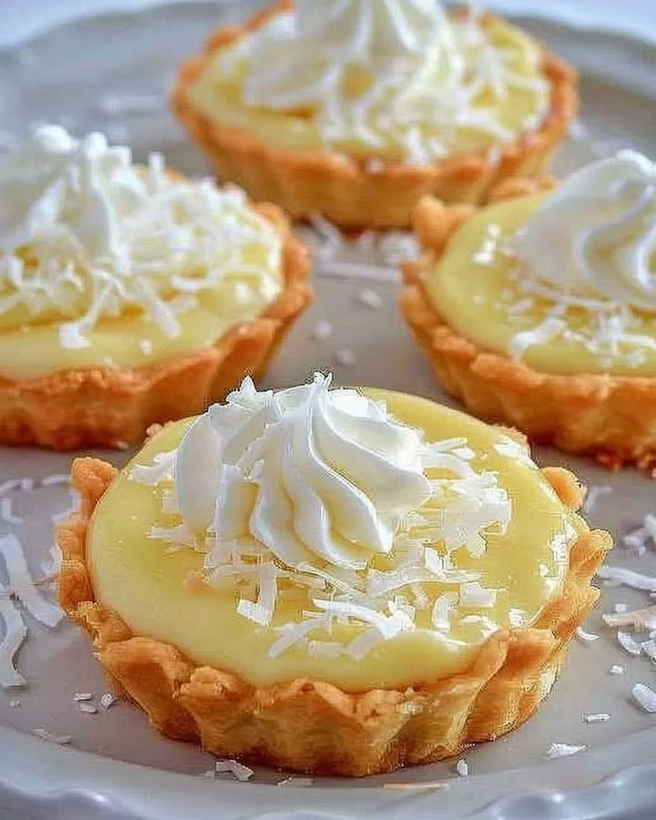 Delicious coconut cream tarts topped with whipped cream and coconut flakes.