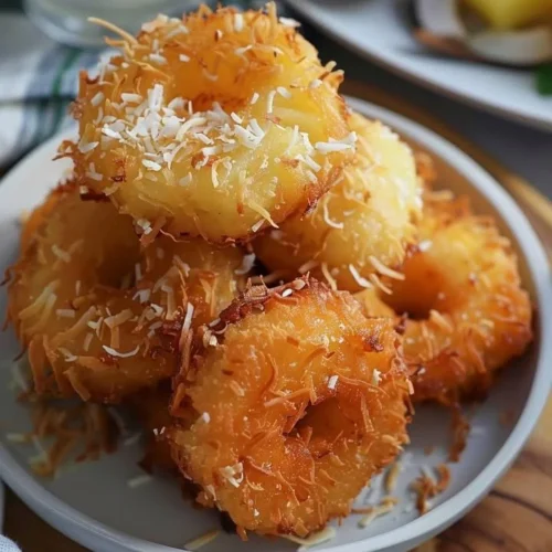 Plate of coconut pineapple fritters topped with powdered sugar