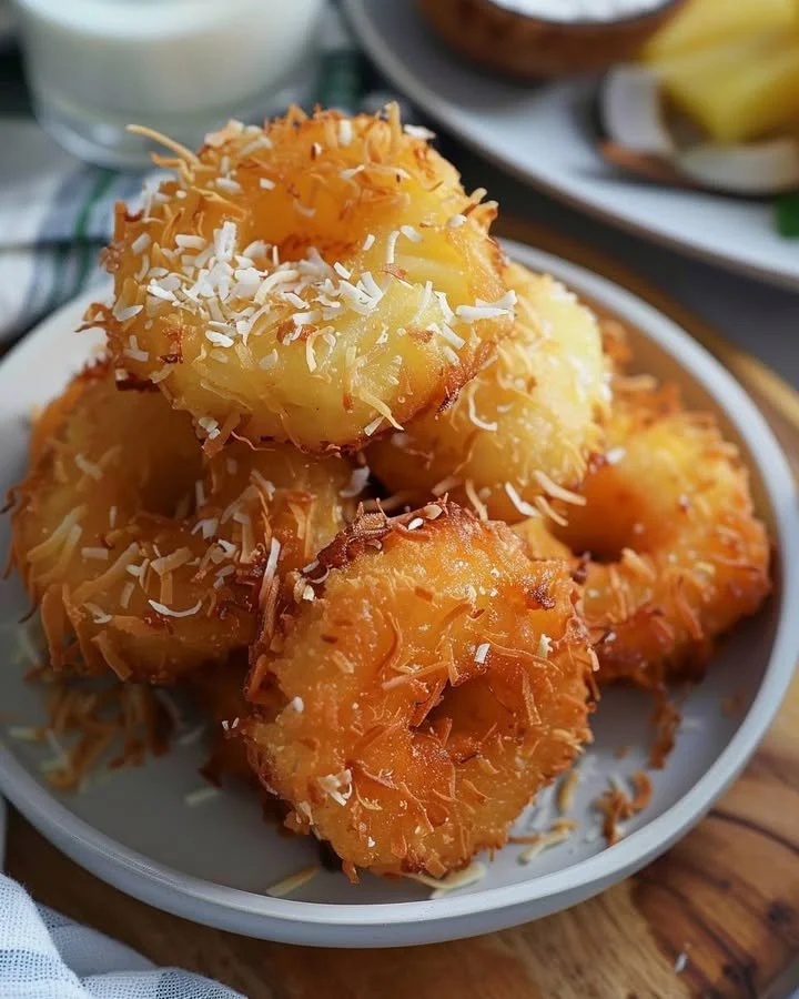 Plate of coconut pineapple fritters topped with powdered sugar