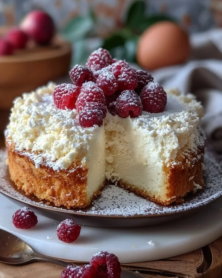 Slice of Coconut Ricotta Cake topped with coconut flakes and whipped cream
