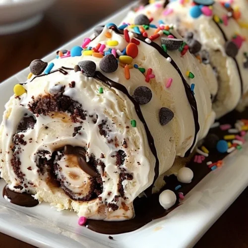 Sliced cookie dough ice cream cake rolls on a plate, decorated with chocolate chips