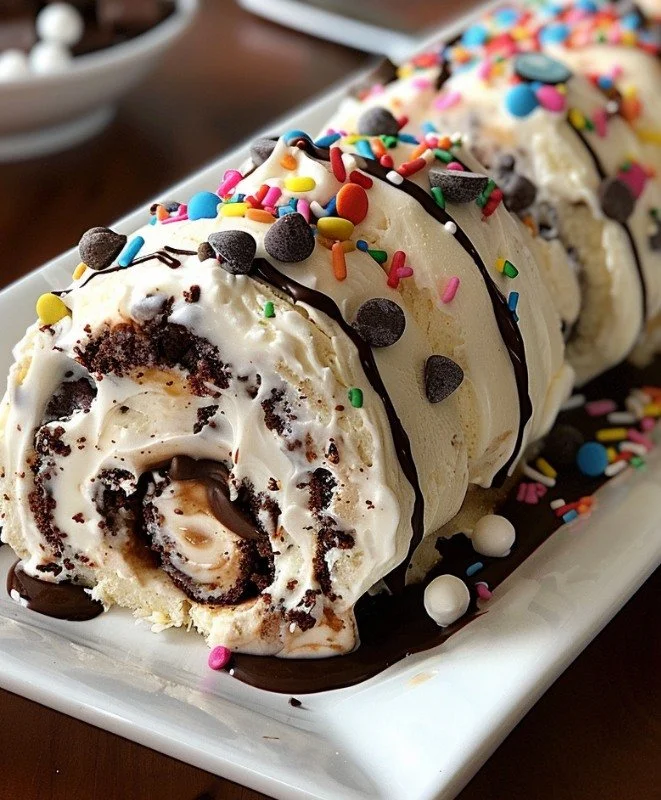 Sliced cookie dough ice cream cake rolls on a plate, decorated with chocolate chips