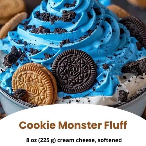 Delicious Cookie Monster Fluff dessert with cookies and blue frosting
