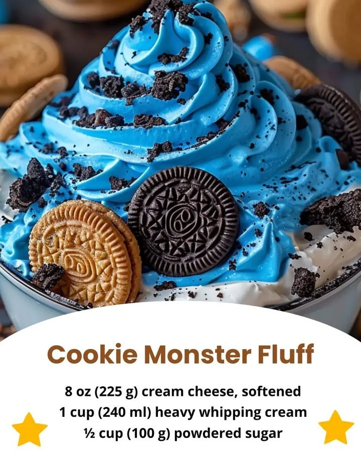 Delicious Cookie Monster Fluff dessert with cookies and blue frosting