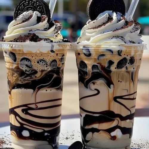 Cookies & Cream Frappuccino topped with whipped cream and cookie pieces
