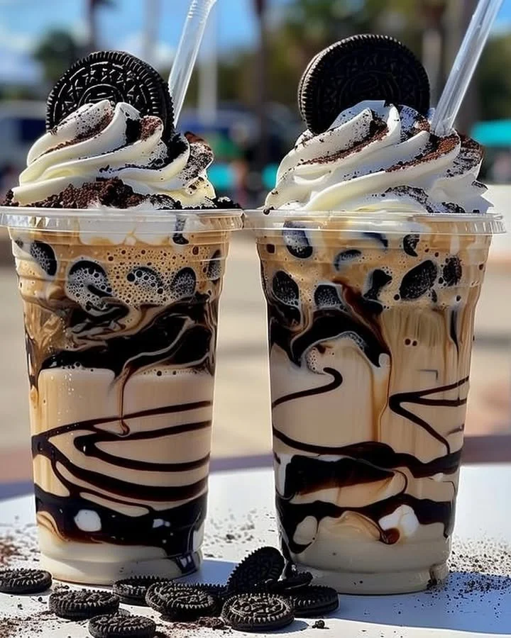 Cookies & Cream Frappuccino topped with whipped cream and cookie pieces