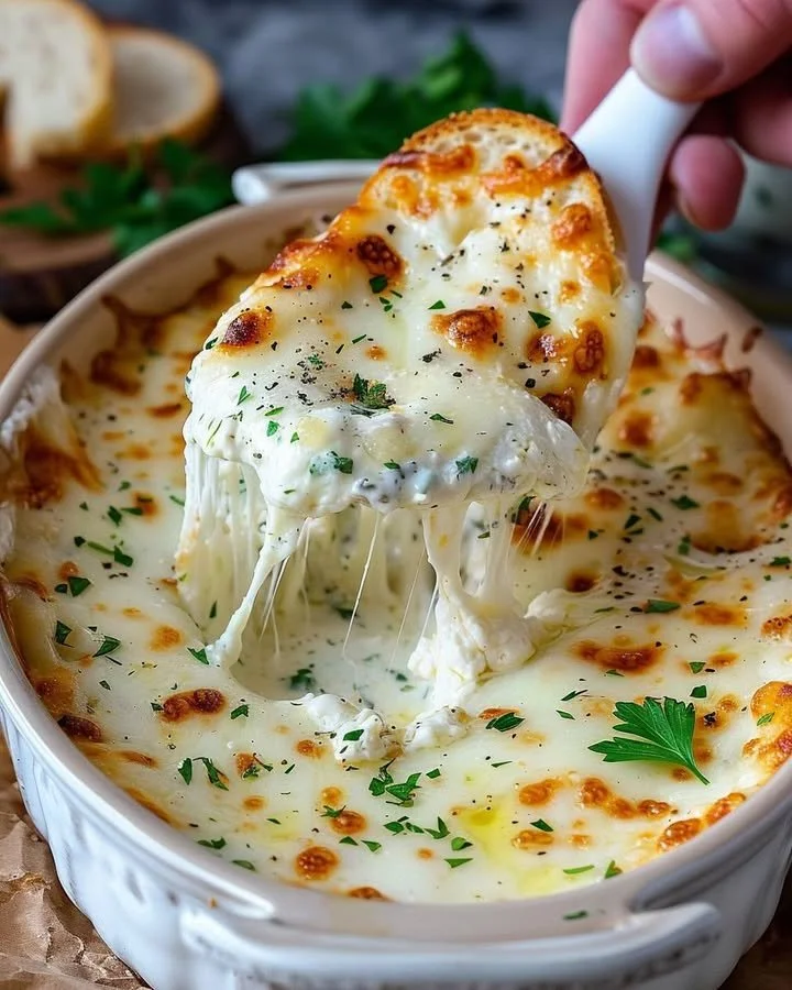 Delicious smoked mozzarella fonduta served with bread for dipping