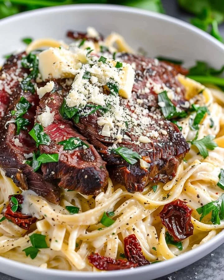 Delicious plate of Copycat Steak Gorgonzola Alfredo with creamy sauce and steak.