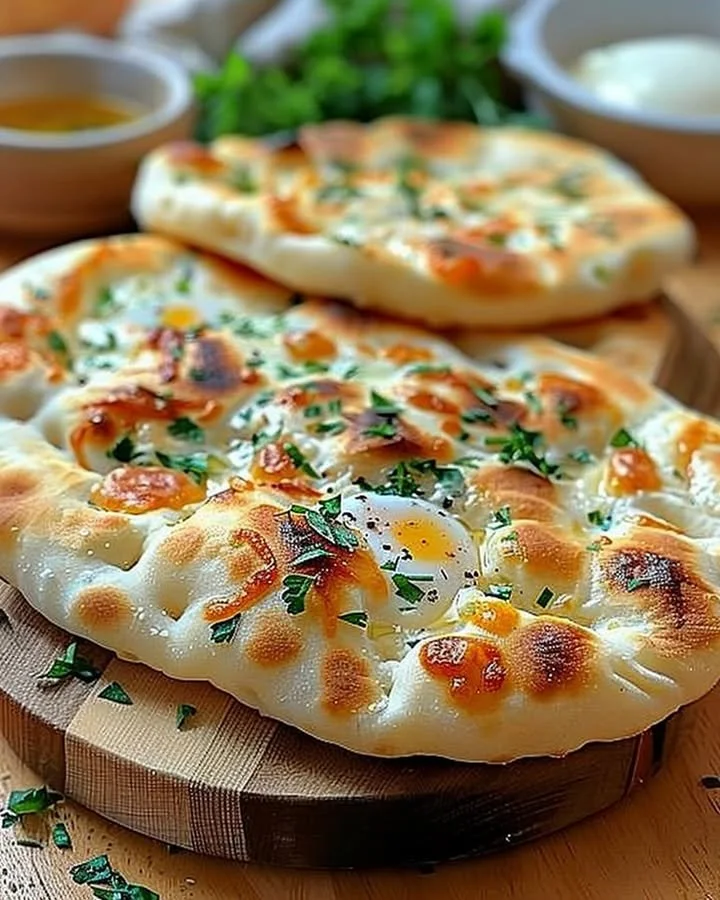 Cottage cheese flatbread served with fresh toppings and herbs.