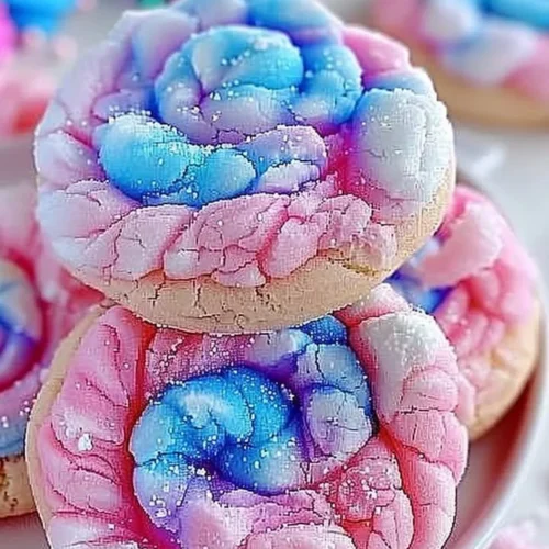 Plate of colorful cotton candy cookies decorated with sprinkles