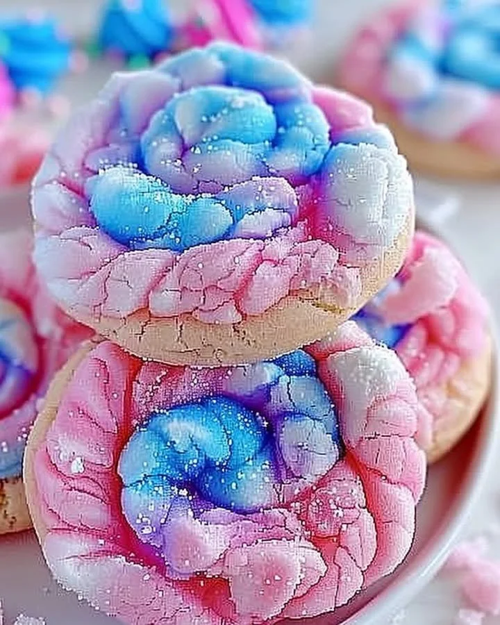 Plate of colorful cotton candy cookies decorated with sprinkles