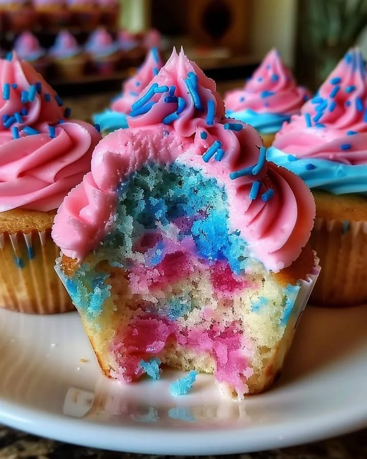 Delicious cotton candy cupcakes topped with colorful frosting and sprinkles