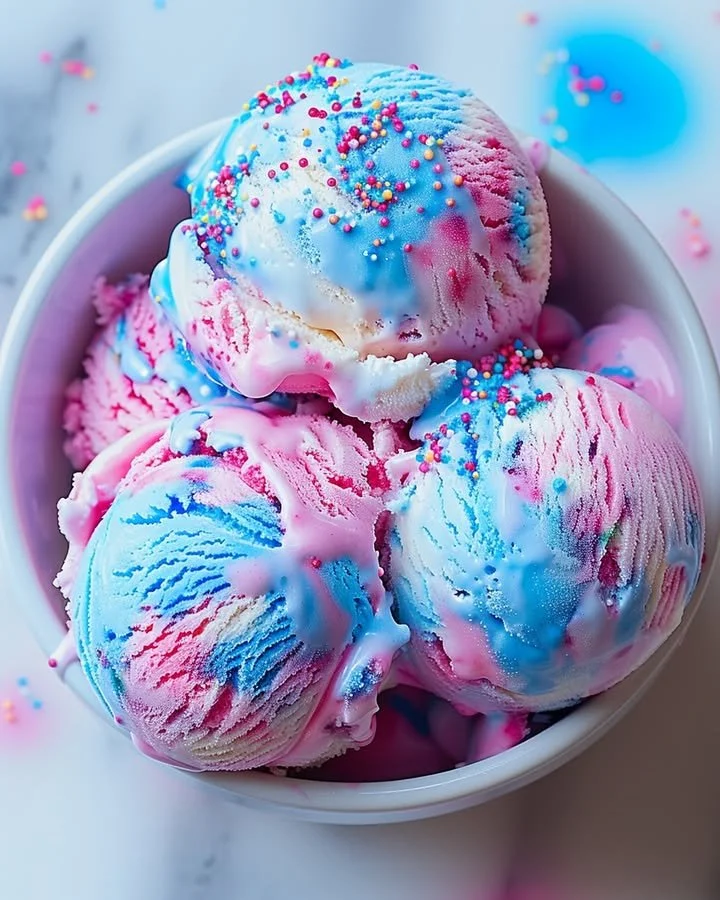 Delicious cotton candy ice cream in a colorful bowl.
