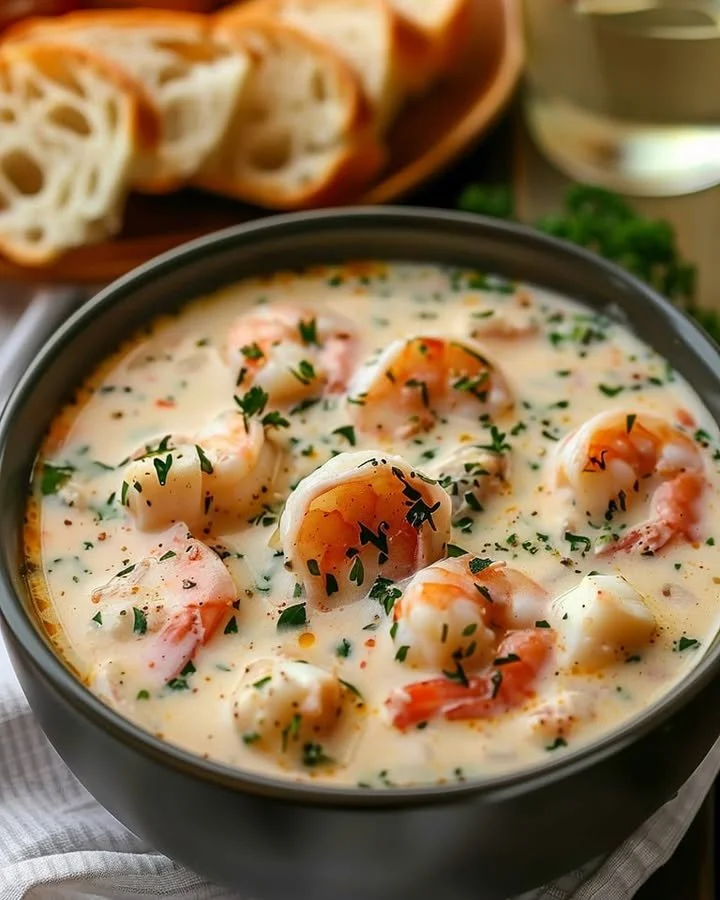 Creamy crab and shrimp seafood bisque served in a bowl with garnishes.
