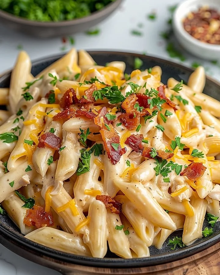 Delicious Crack Chicken Penne served in a bowl