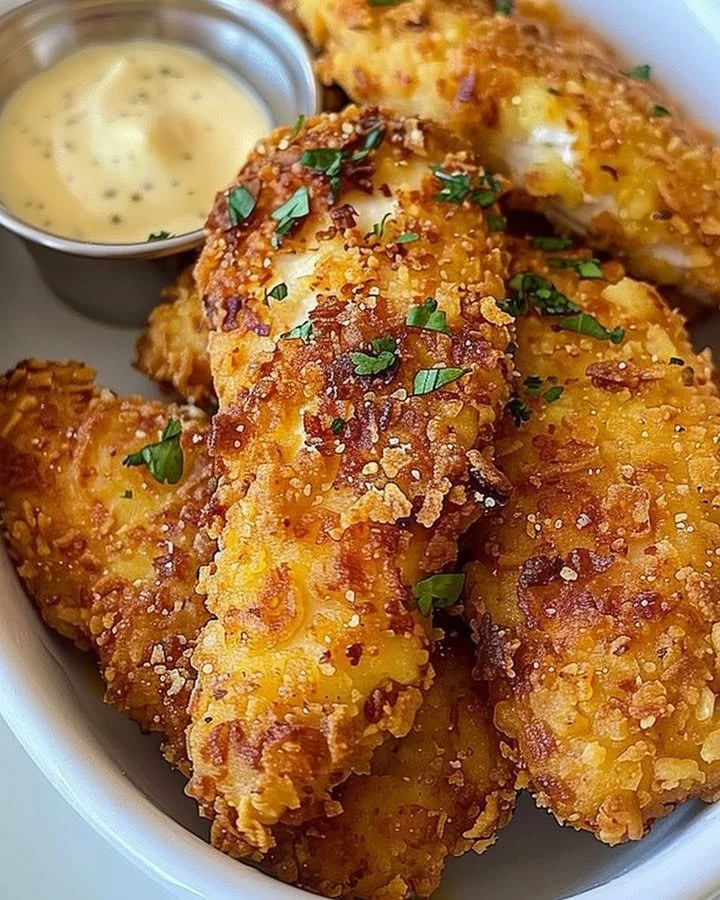 Delicious Crack Chicken Tenders served with dipping sauce on a plate.