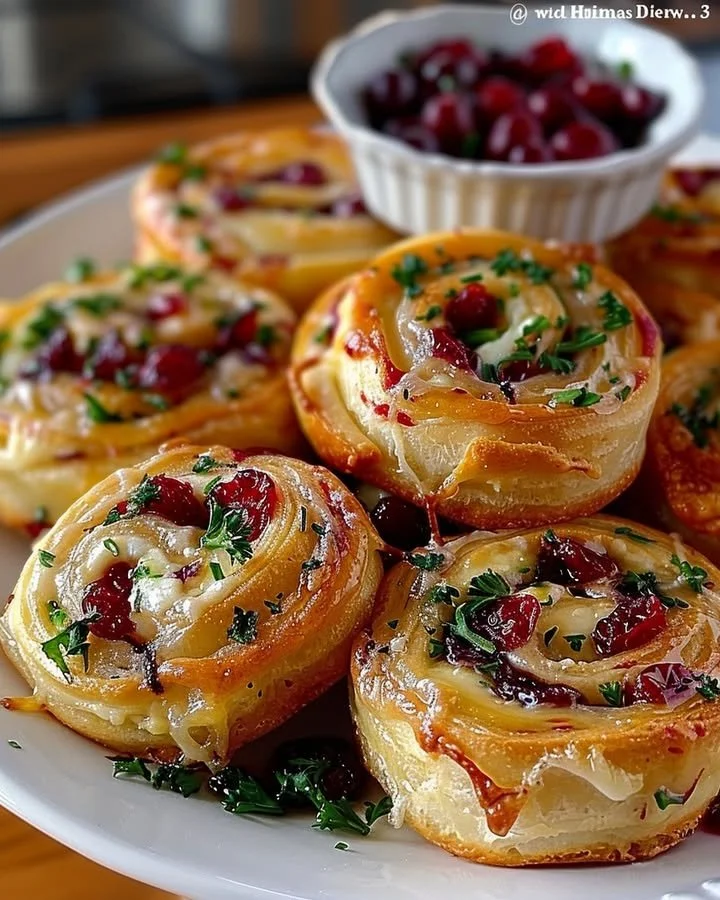 Cranberry feta pinwheels with cream cheese and herbs on a platter