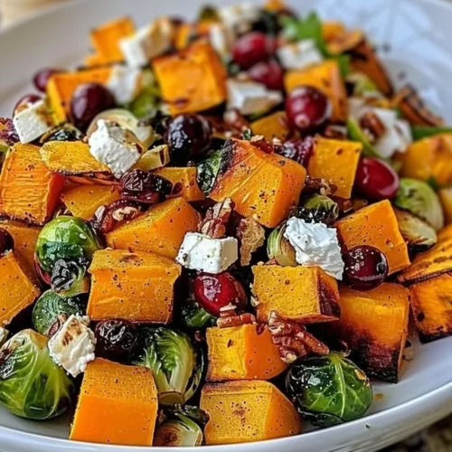 Cranberry-glazed roasted butternut squash salad served in a bowl.