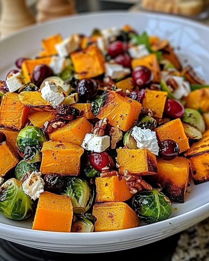 Cranberry-glazed roasted butternut squash salad served in a bowl.