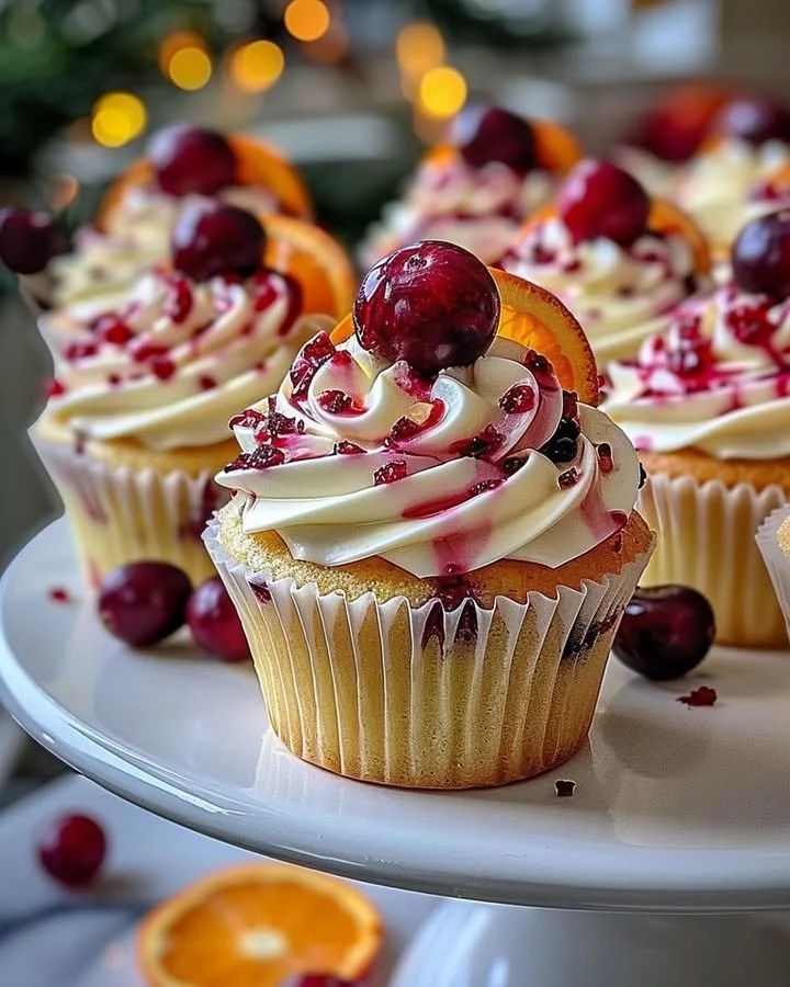 Cranberry Orange White Chocolate Cupcakes with vibrant frosting on a plate