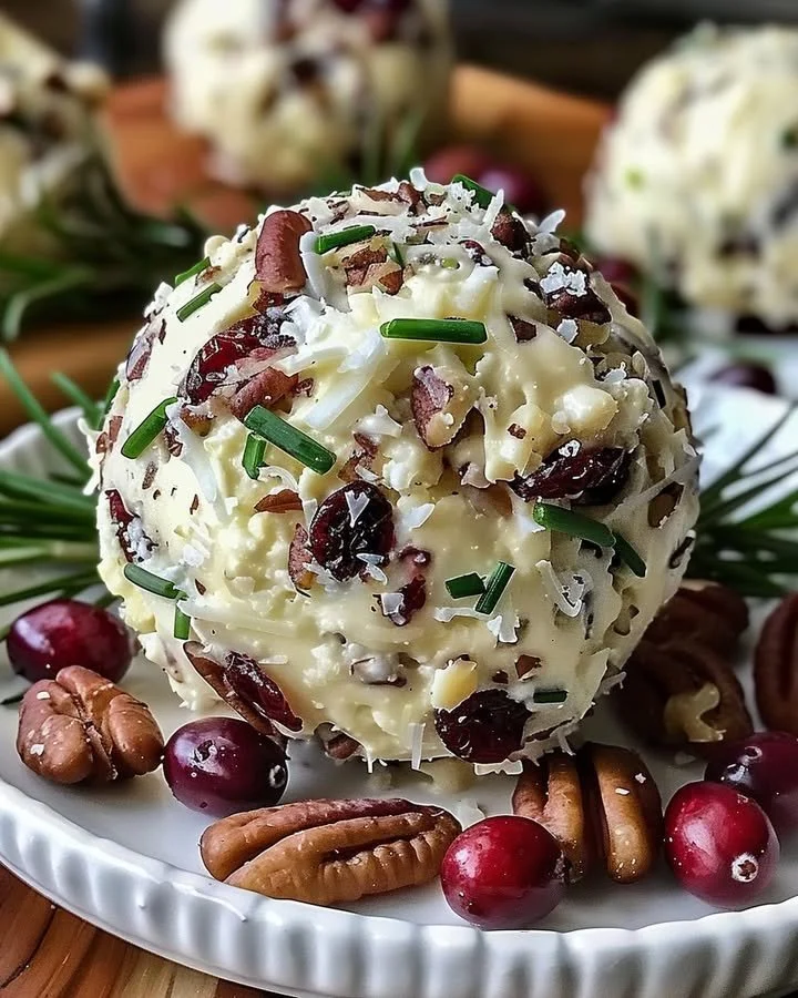 Cranberry Pecan Cheese Ball displayed on a festive platter