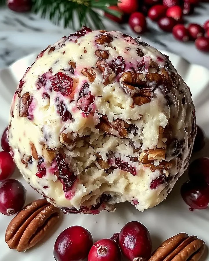 Cranberry pecan cheese ball garnished with nuts and herbs on a serving platter