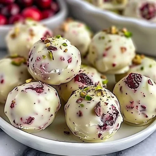 Cranberry pistachio white chocolate truffles arranged on a plate