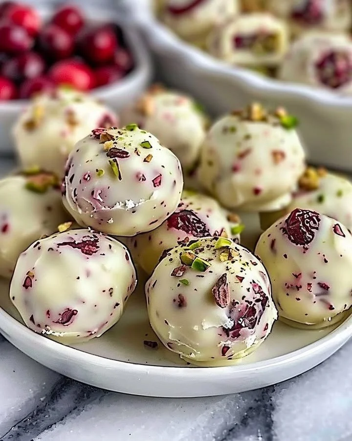 Cranberry pistachio white chocolate truffles arranged on a plate