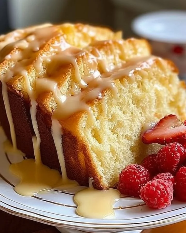 Delicious slice of cream cheese pound cake on a plate.