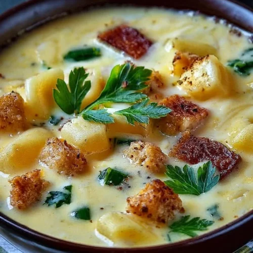 Bowl of creamy Alfredo lasagna soup garnished with herbs and cheese