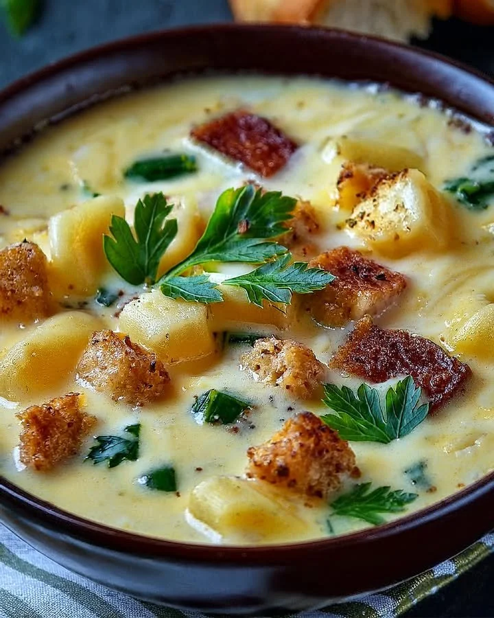 Bowl of creamy Alfredo lasagna soup topped with herbs and cheese.
