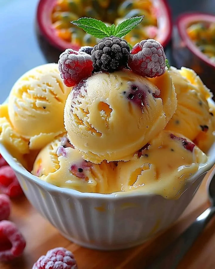 Creamy passion fruit ice cream served with tropical fruits and a mint garnish.