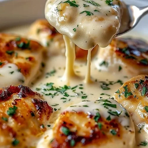 Creamy Asiago Chicken served on a plate with herbs and sides