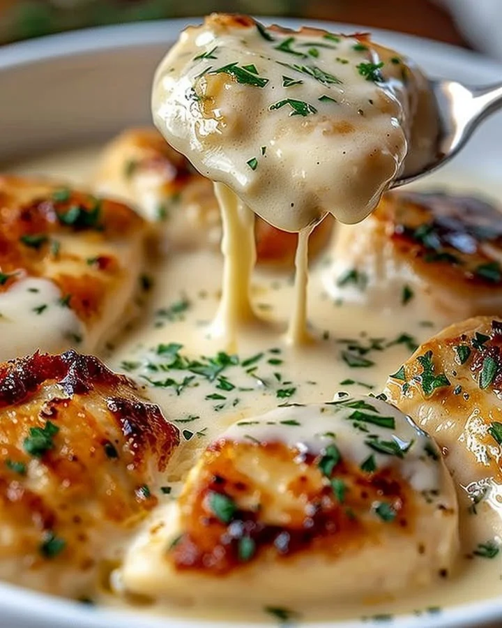 Creamy Asiago Chicken served on a plate with herbs and sides