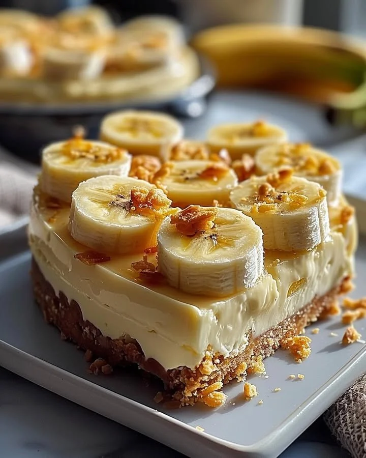 Creamy banana cheesecake topped with fresh bananas and whipped cream
