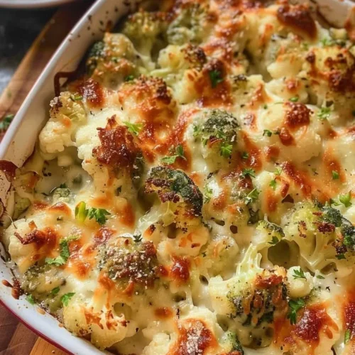 Creamy broccoli-cauliflower bake topped with cheese in a baking dish