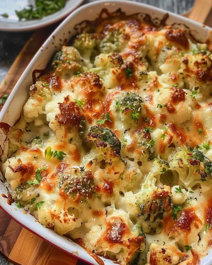 Creamy broccoli-cauliflower bake topped with cheese in a baking dish