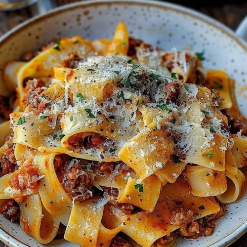 Creamy Calabrian chili pappardelle served with sausage and fennel in a bowl