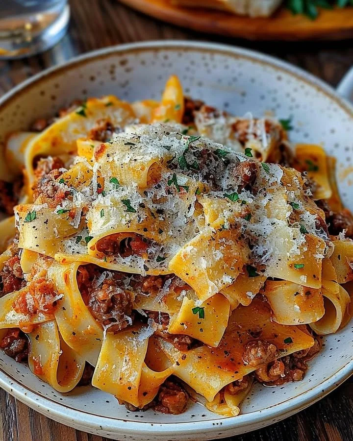 Creamy Calabrian chili pappardelle served with sausage and fennel in a bowl