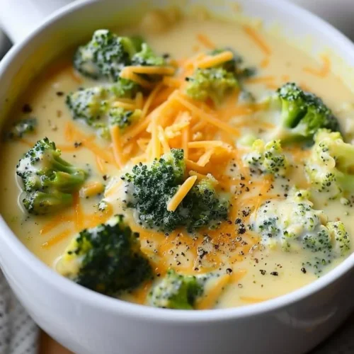 A bowl of creamy cheddar broccoli soup garnished with fresh herbs.