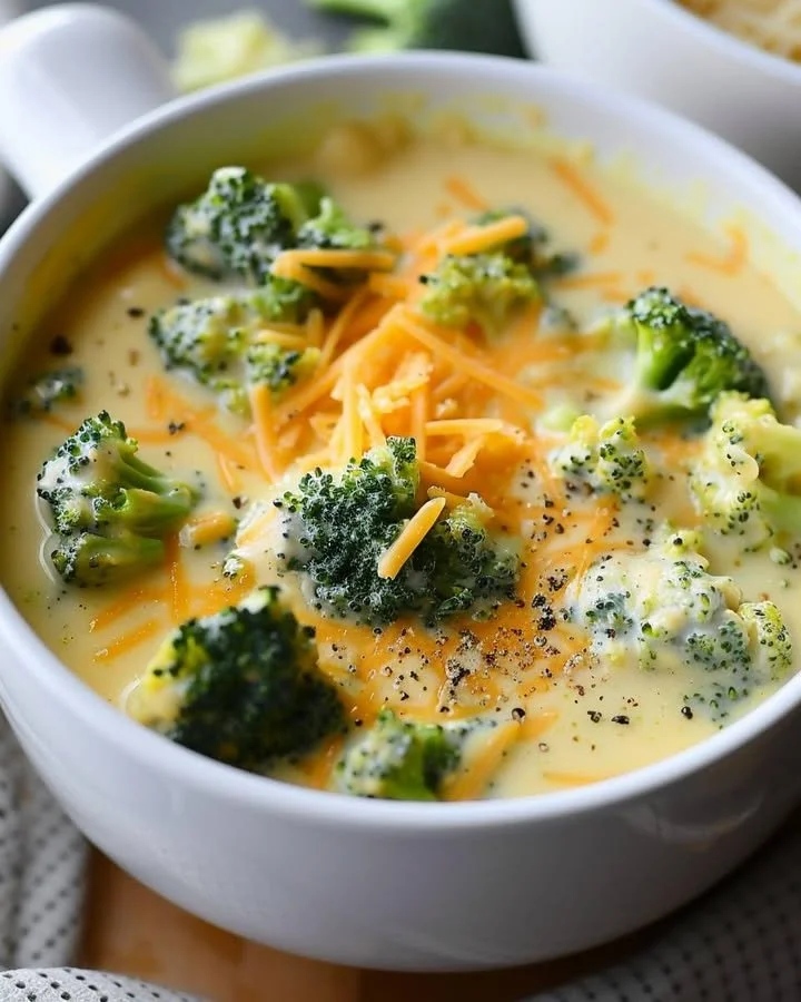 A bowl of creamy cheddar broccoli soup garnished with fresh herbs.